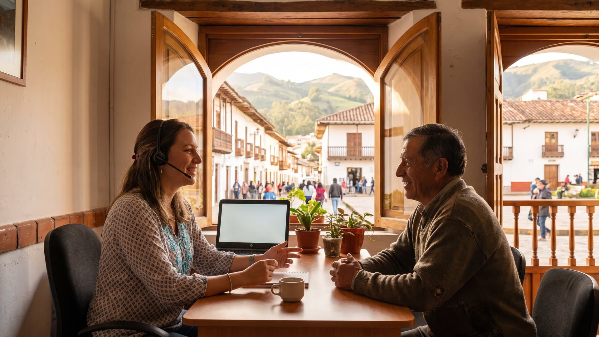 Una persona de soporte con audífonos ayuda a un cliente con una sonrisa