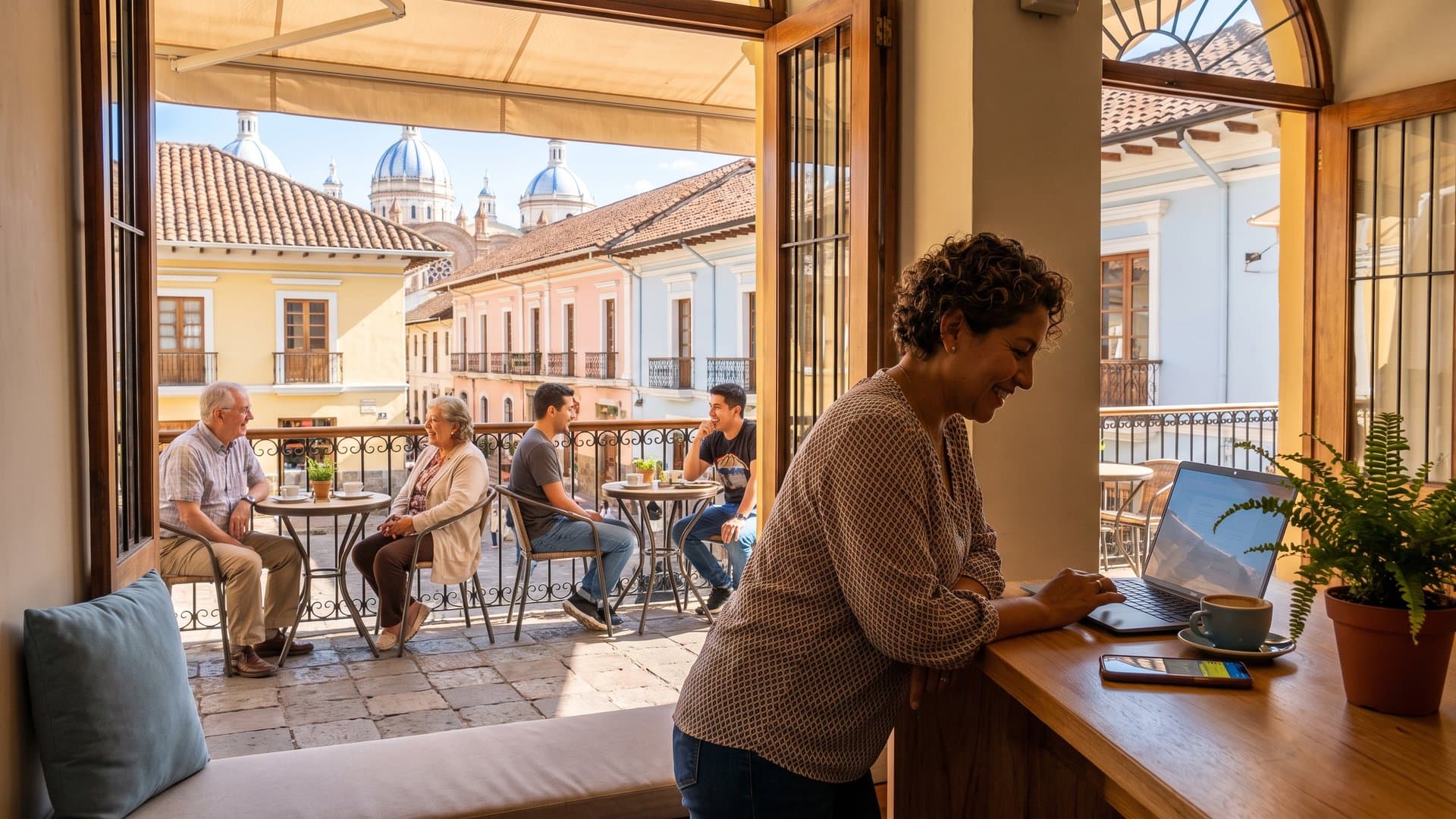 La dueña de una cafetería configura todo en la laptop mientras se ilumina su celular