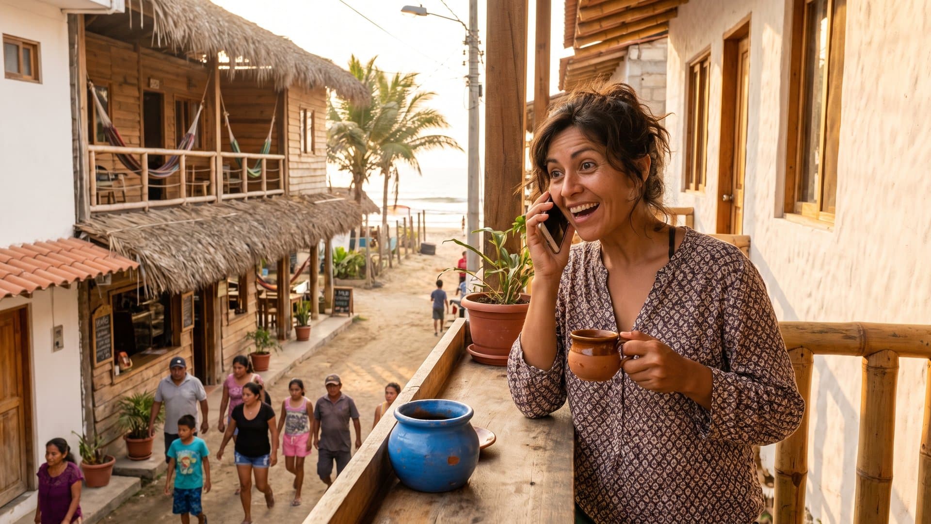 Una mujer en su balcón, encantada con lo que escucha al teléfono