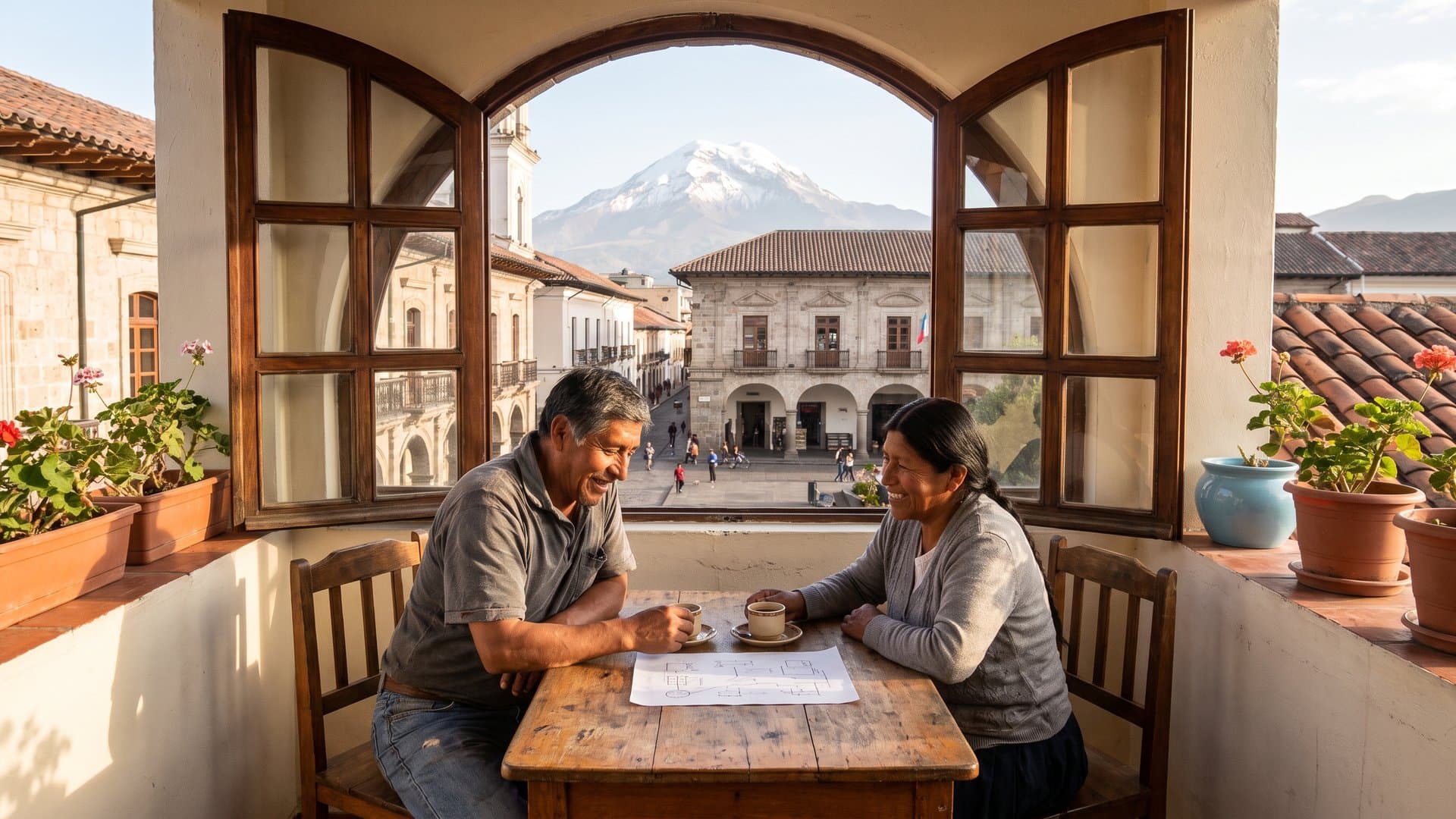 Una pareja que atiende una panadería revisa un plan sencillo con un café en su terraza