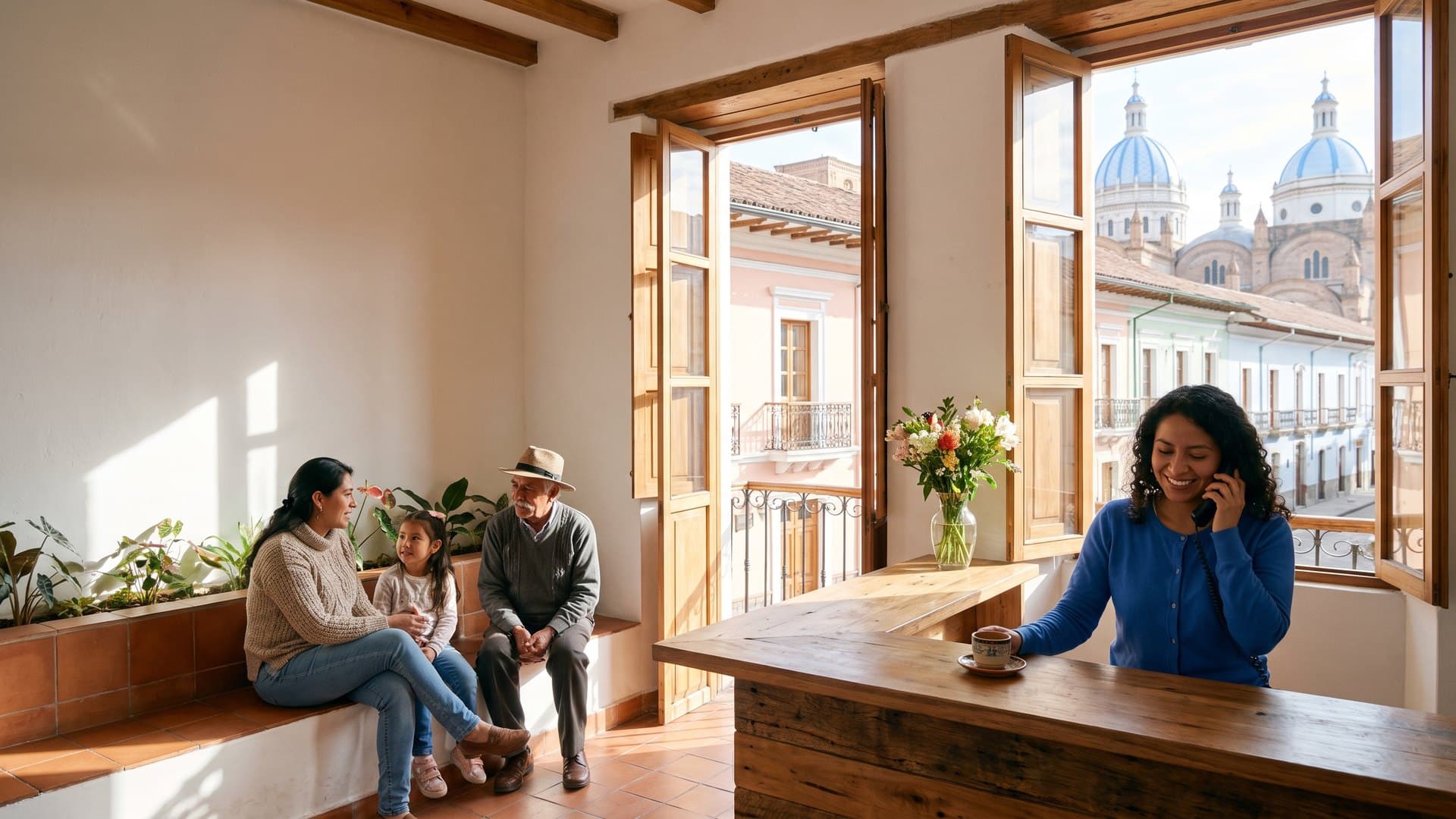 Recepcionista sonriente al teléfono en un consultorio del centro de Cuenca, con las cúpulas azules de la Catedral Nueva al fondo; una mamá con su hija y un señor mayor conversan en la sala de espera