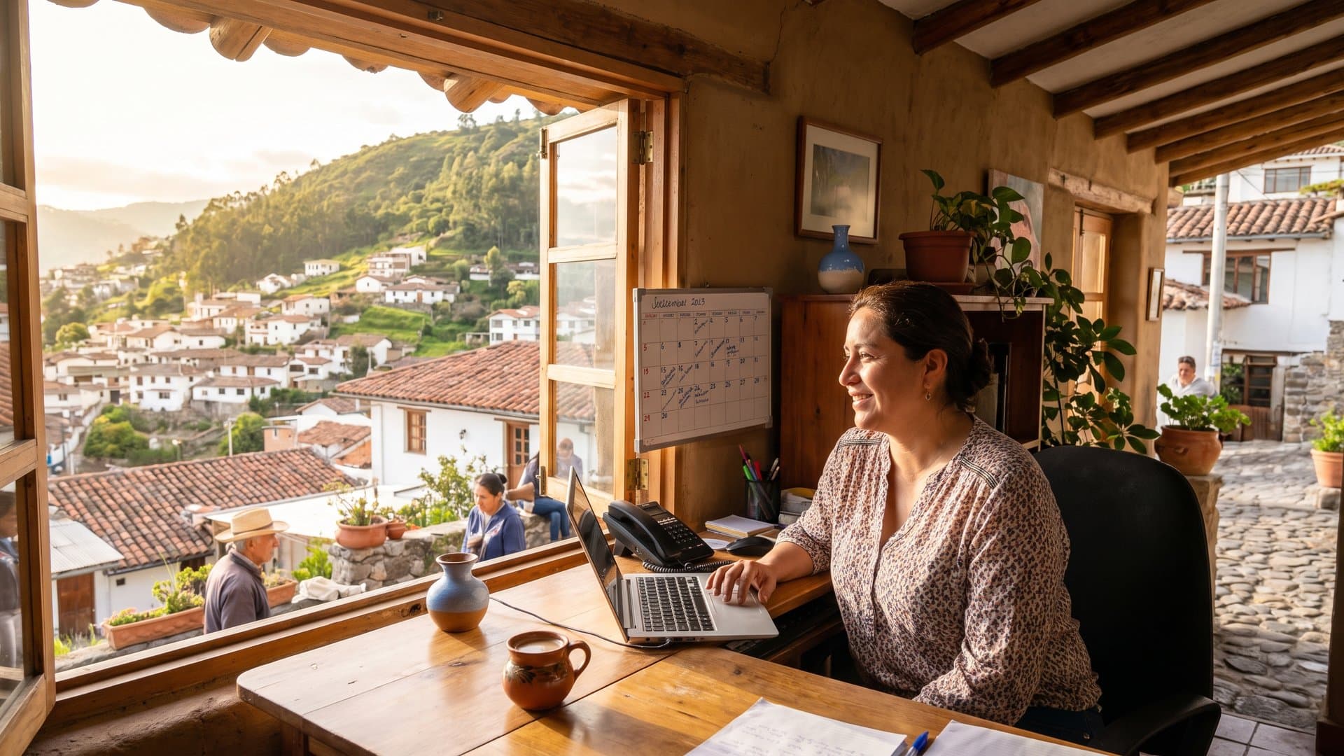 Una pequeña oficina ordenada con laptop, calendario y teléfono junto a una ventana